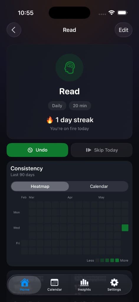 HabitStride habit detail with heatmap